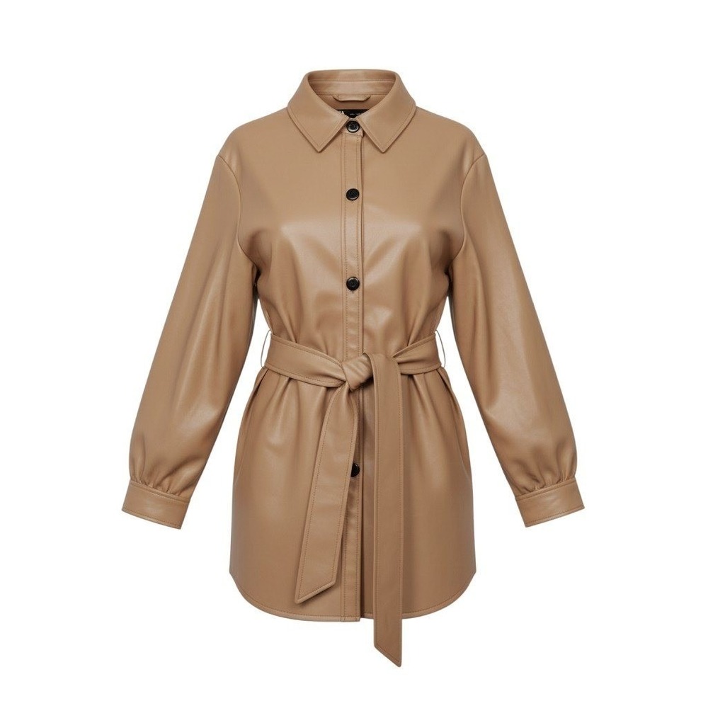 Zara Faux Leather Belted Shacket Tan Camel Button Up Jacket XXL